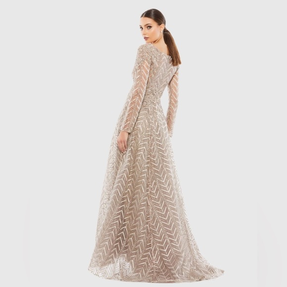 Mac Duggal Beige/Taupe Embellished Illusion Long Sleeve Wrap Over A Line Gown - Picture 3 of 12